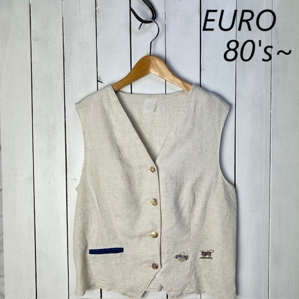 ヨーロッパ古着 80s90s~ リネン・ヴィスコース 薄手サマーベスト ジレ D38 ベージュ オールド ヴィンテージ ユーロ チロルベスト ●103