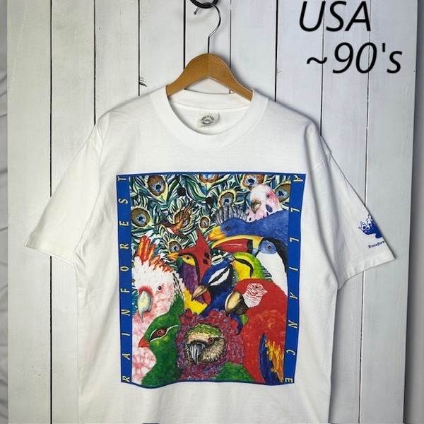 T●393 USA古着 90s USA製 アート鳥類 メッセージTシャツ L 白 オールド ヴィンテージ アメリカ古着 アニマル柄 シングルステッチ