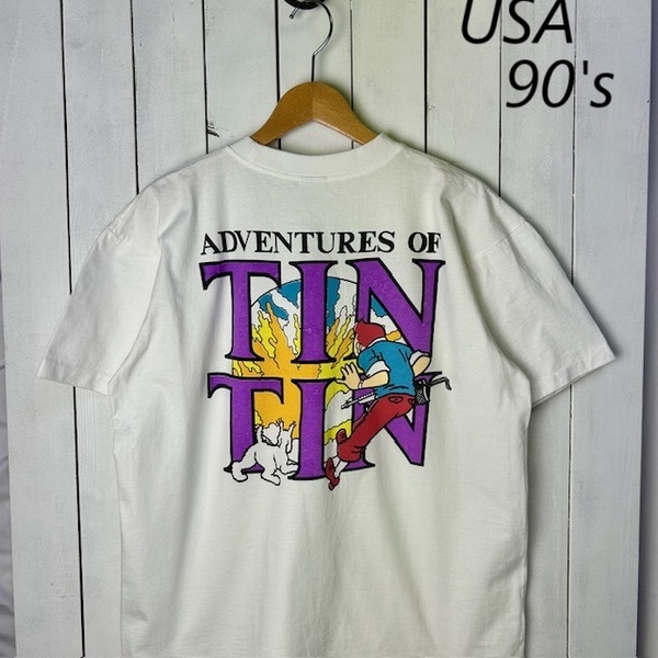 T●394 deadstock USA古着 90s TINTIN タンタンの冒険 前後プリントTシャツ L~XL 白 シングルステッチ オールド ヴィンテージ 美品