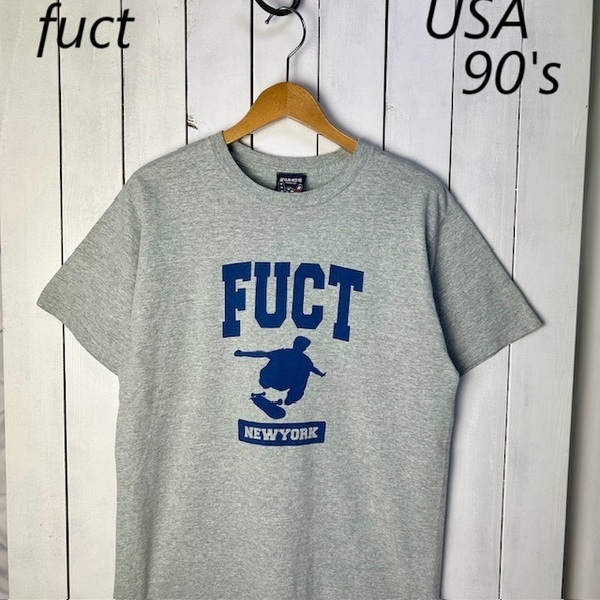 T●395 USA古着 90s USA製 FUCT Tシャツ M グレー 星条旗ピースタグ オールド ヴィンテージ アメリカ古着 ファクト スケボー ストリート