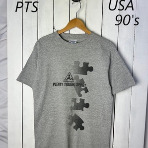 T●396 USA古着 90s USA製 PTS 両面ジグソーパズルTシャツ M グレー オールド ヴィンテージ アメリカ PLENTY TOUGH SPORT シングルステッチ