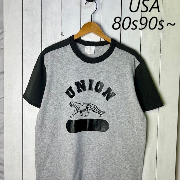 T●397 USA古着 80s~90s USA製 2トーン切り替えカレッジTシャツ L~XL 46-48 グレー×黒 オールド ヴィンテージ アメリカ古着 リプリント