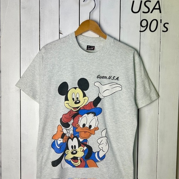T●399 USA古着 90s初期 USA製 ディズニー 前後両面Tシャツ M 薄グレー オールド ヴィンテージ Disney シングル ドナルド グーフィー