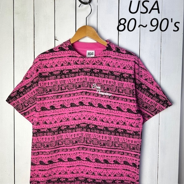 T●403 USA古着 美品 80s~90s USA製 落書き風総柄ボーダーTシャツ M~L ピンク×黒 anvil オールド ヴィンテージ シングルステッチ