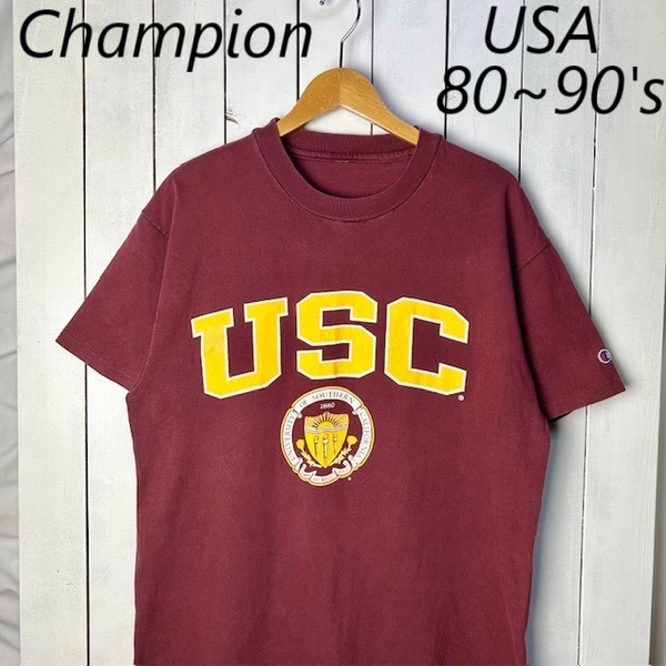 T●404 USA古着 80s~90s USA製 チャンピオン USCカレッジTシャツ L~XL 茶エンジ オールド ヴィンテージ アメリカ古着 シングルステッチ