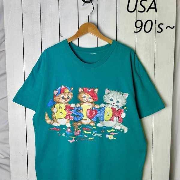 T●409 USA古着 90s~00s 可愛いネコ柄 Tシャツ XL程度 緑 オールド ヴィンテージ アメリカ古着 猫 キャット クラック