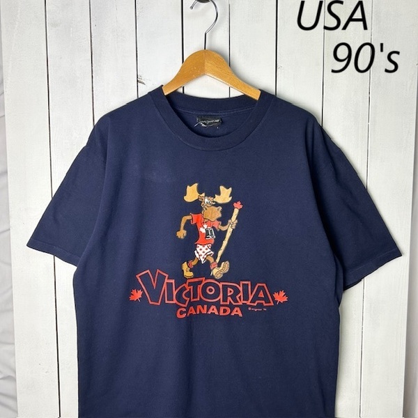 T●410 USA古着 90s 1996年 CANADA Tシャツ L~XL 濃紺 オールド ヴィンテージ アメリカ古着 アニマル anywear スーベニア
