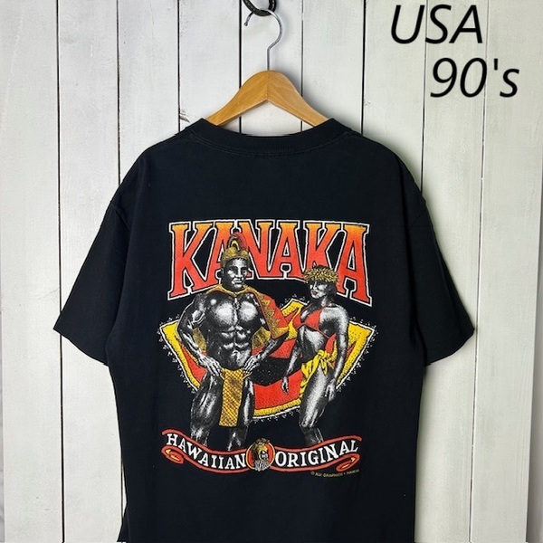 T●413 USA古着 USA製 90s ALII GRAPHICS HAWAII KANAKATシャツ L 黒 Hanes オールド ヴィンテージ ハワイ アメリカ シングルステッチ