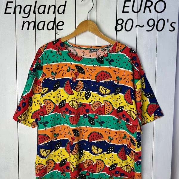 T●415 ユーロ古着 80s~90s イギリス製 カラフルポップ フルーツ総柄Tシャツ L程度 オールド ヨーロッパ古着 イングランド製 英国製