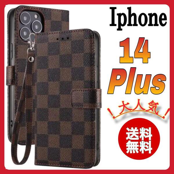 手帳型 iPhone 14Plusケース 茶色 チェック PUレザー おしゃれ 高級感 大人気 アイホン14プラスカバー ブラウン