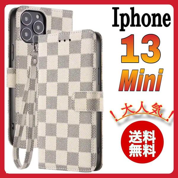 手帳型 iPhone 13Miniケース 白色 ホワイト チェック PUレザー シンプル 高級感 耐衝撃 カード収納 おしゃれ アイホン13ミニカバー