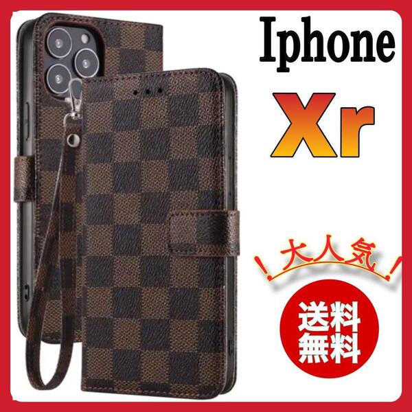 手帳型 iPhoneXrケース 茶ブラウン チェック柄 PUレザー 高級感 大人気 アイホンXRカバー