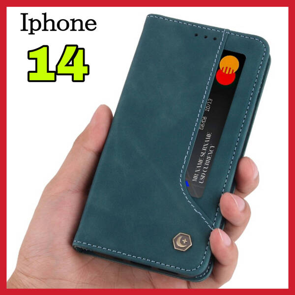iPhone14ケース 手帳型 緑グリーン上質でPUレザー ビジネス アイホン14カバー カード収納 タンド機能 薄型