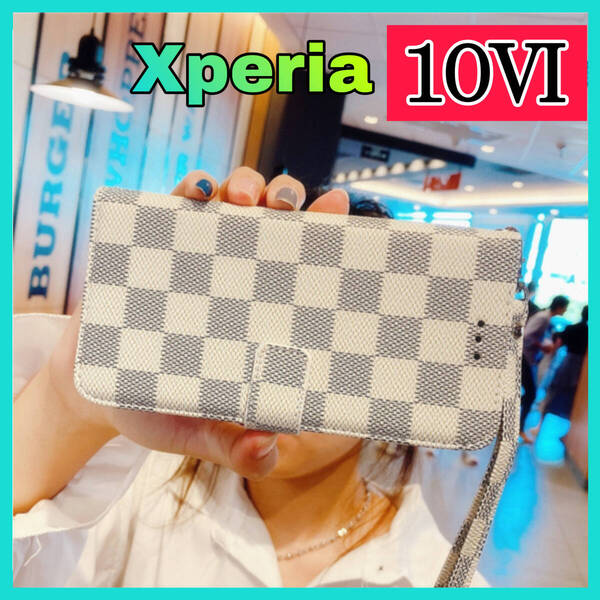 Sony Xperia 10Ⅵケース 手帳型カード 収納カバー 白色 ホワイト お洒落 市松模様 格子柄 定期入れ チェック柄