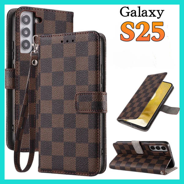 新入荷 SamSung Galaxy S25ケース 手帳型カード 収納カバー 茶ブラウン お洒落 市松模様 格子柄 定期入れ チェック柄 高級レザー