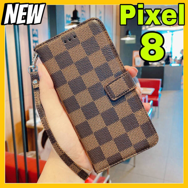 新入荷 Google Pixel8ケース 手帳型カード 収納カバー 茶色 ブラウン お洒落 市松模様 格子柄 定期入れ チェック柄 高級レザー