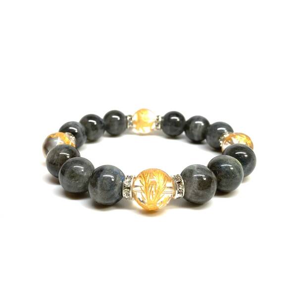 四神獣金彫水晶×ラブラドライト 12mm パワーストーン ブレスレット天然石 青龍 白虎 玄武 朱雀 運気上昇 金運 お守り 四神獸 四神相応 S