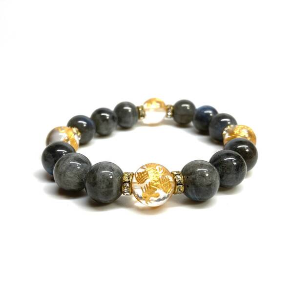 四神獣金彫水晶×ラブラドライト 12mm パワーストーン ブレスレット天然石 青龍 白虎 玄武 朱雀 運気上昇 金運 お守り 四神獸 四神相応 G