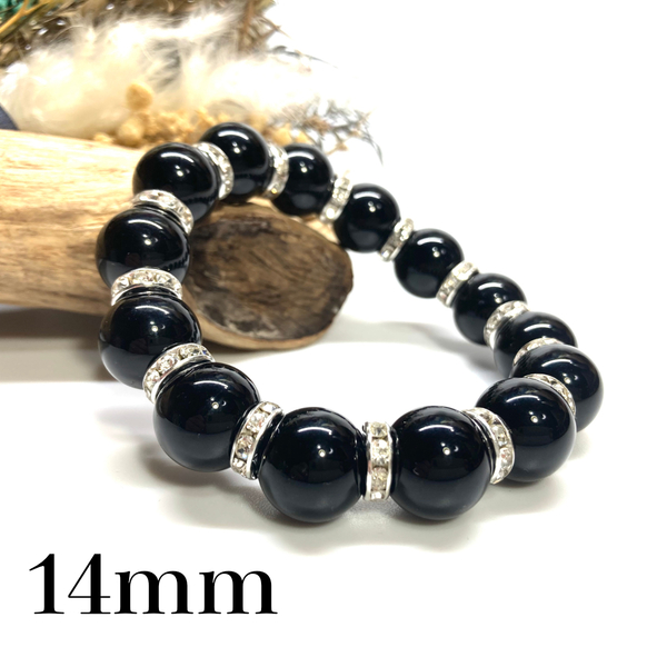 パワーストーン ブレスレット オニキス 14mm 天然石ブレス (シルバー) 開運 浄化 数珠ブレス メンズ 男性 プレゼント 14ミリ