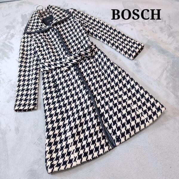 美品 BOSCH Loritti 千鳥格子 リボン 羊毛混 ウールコート 38