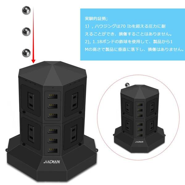 雷ガード 過負荷保護 1500W タワー式電源タップ 縦 8AC 6USB