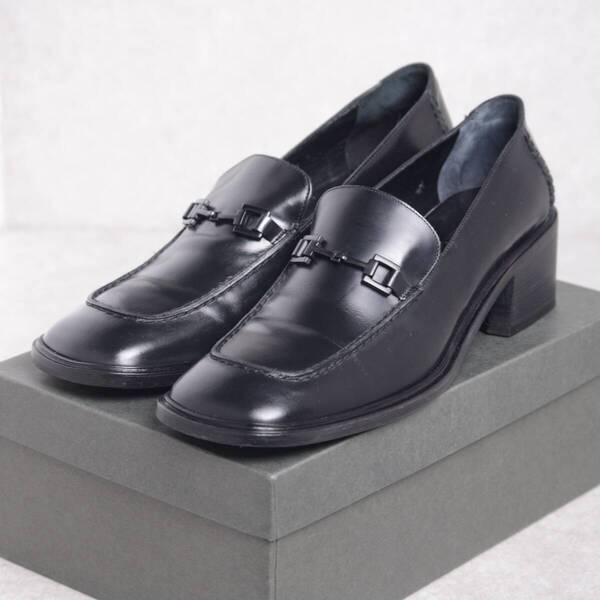 【レディース US9】【良品】GUCCI ホースビット ローファー スクエアトゥ チャンキーヒール 黒 ブラック レザー