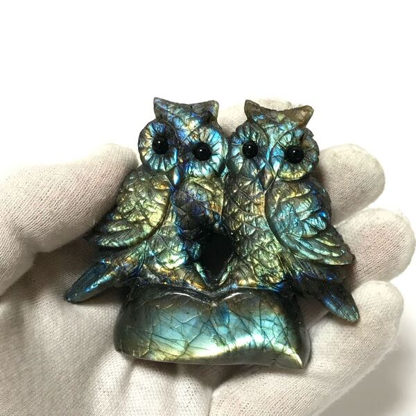 ラブラドライト ふくろう 彫刻 置物 / オブジェ 梟 フクロウ 福朗 不苦労 天然石 パワーストーン 開運 縁起物 お守り ヒーリング 癒し