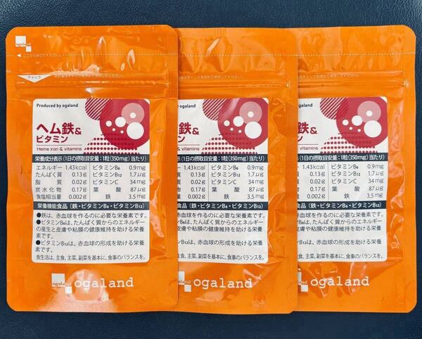 【送料無料】ヘム鉄&ビタミン 約3ヶ月分(1ヶ月分30粒入×3袋) 鉄分 葉酸 ビタミンC 健康食品 サプリメント オーガランド
