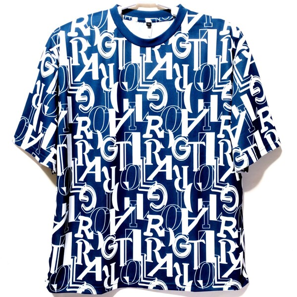 特価/未使用【サイズ=LL(XL)】 吸汗速乾/メンズ/半袖/ビッグシルエット/ドライ/Tシャツ/胸囲=104~112cm/blue英字総柄