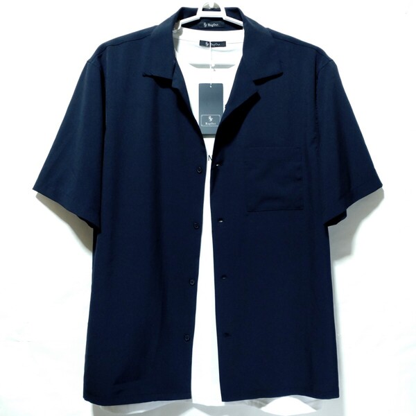 特価/未使用【サイズ=L】ノーブランド/メンズ/半袖/シャツ/アンサンブル(シャツ+Tシャツセット)/胸囲=96~104cm/navy×white