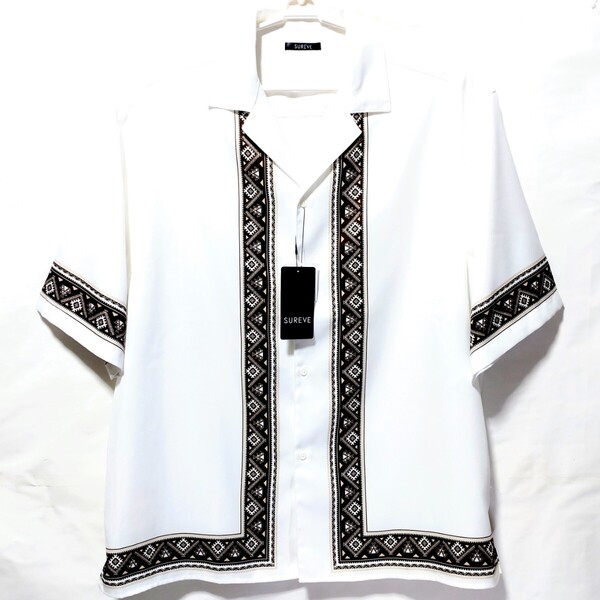 特価/未使用【サイズ=LL(XL)】ノーブランド/パネルプリント/メンズ/半袖/オープンシャツ/胸囲=104~112cm/white×brown