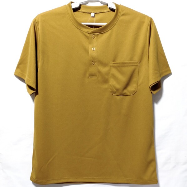 特価/未使用【サイズ=LL(XL)】吸汗速乾/抗菌防臭/メンズ/ポケット付き/半袖/ヘンリーネック/胸囲=104~112cm/mustard