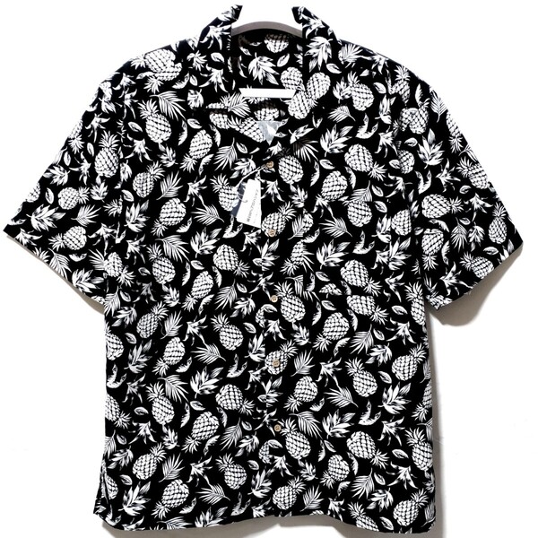 特価/未使用【サイズ=L】パイナップル柄/綿100%/メンズ/半袖/アロハシャツ/胸囲=96~104cm/black