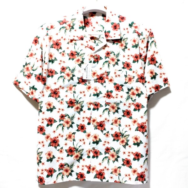 特価/未使用【サイズ=LL(XL)】ハイビスカス柄/綿100%/メンズ/半袖/アロハシャツ/胸囲=104~112cm/white
