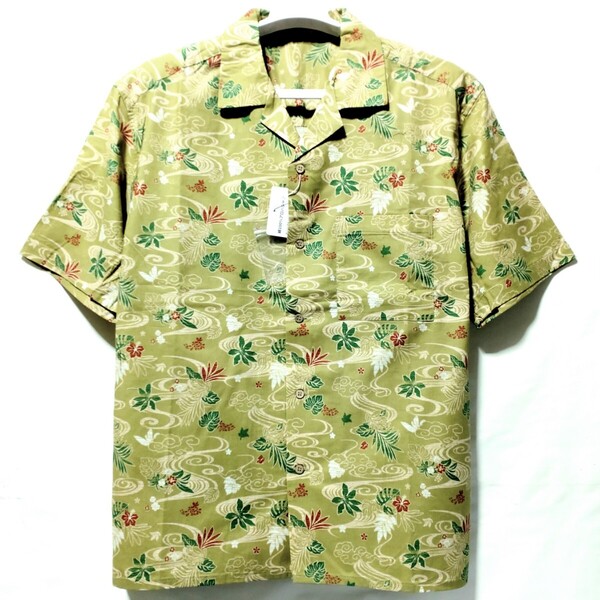 特価/未使用【サイズ=LL(XL)】和ボタニカル柄/綿100%/メンズ/半袖/アロハシャツ/胸囲=104~112cm/light.khaki(beige)②