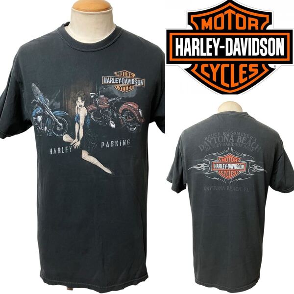 USA ビンテージ HARLEY DAVIDSON ピンナップガール Tシャツ 黒 L相当 ハーレーダビッドソン ヴィンテージ xpv