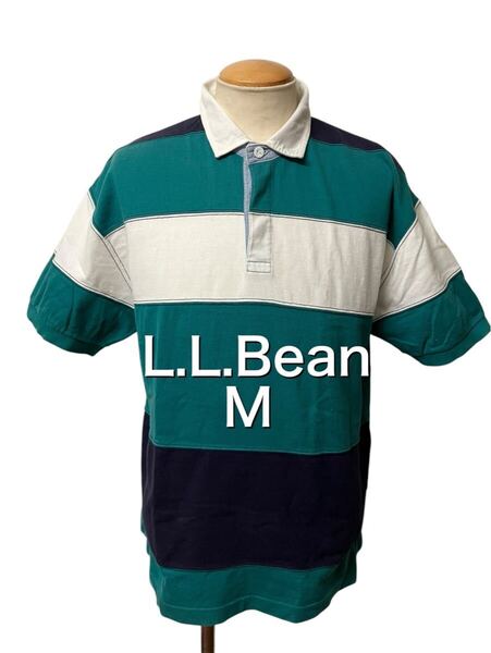 USA ビンテージ L.L.Bean 半袖 ボーダー ポロ シャツ M グリーン系 ラガー エルエルビーン ヴィンテージ xpv