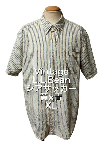 USA ビンテージ L.L.Bean エルエルビーン シアサッカー 半袖 ボタンダウン シャツ XL ペールイエロー サックスブルー ヴィンテージ xpv