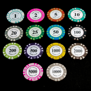 ポーカーチップ&ゴルフマーカー 14枚セット クレイ 鉄片入り(中側)チップ マーカー(ゴルフ用品) 新品 未使用品