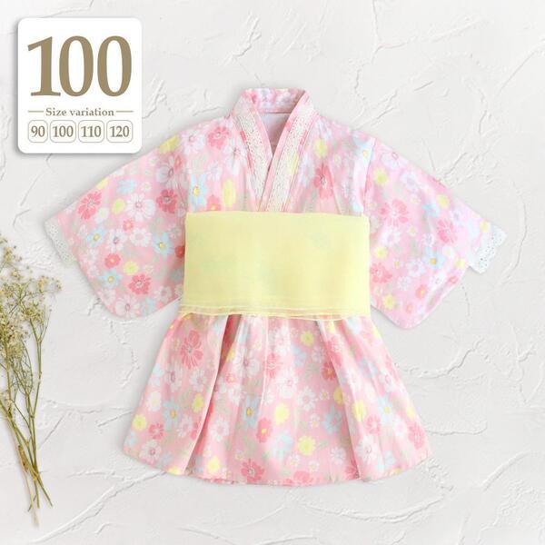 新品未使用 100cm ピンク〔#BM浴衣ワンピース〕浴衣ドレス 兵児帯 2点セット 子供 ベビー キッズ 女の子 七夕 お祭り 花火大会 小花柄 花柄