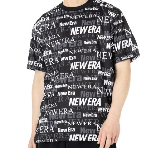★未使用・メンズ★ニューエラ パフォーマンスアパレル ロゴ総柄 半袖Tシャツ 吸汗速乾 UVカット XL 黒 ネコポス