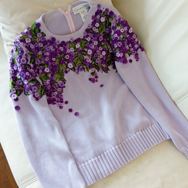 オスカーデラレンタ フラワーニット パープル 紫陽花 50万 花柄刺繍 イタリア製 セーター 長袖