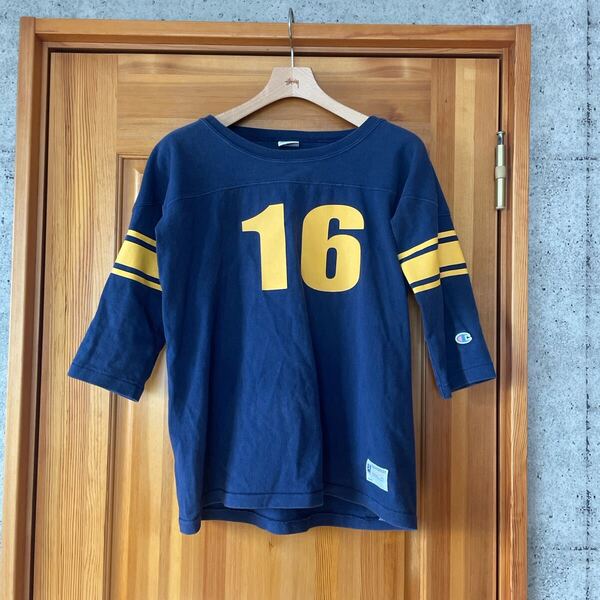 即決 送料込み チャンピオン ロンT カットソー 古着 M ネイビー 七分袖 トップス CHAMPION アメカジ フットボールTシャツ