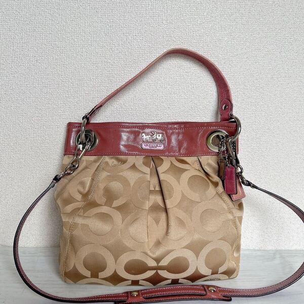 訳あり COACH コーチ レディース 2way ショルダーバッグ トートバッグ 総柄 シグネチャー柄 ナイロン エナメル ピンク ベージュ 14579