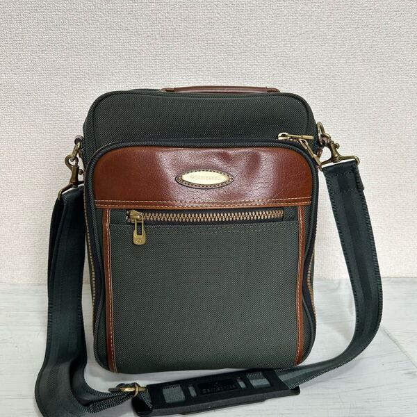 美品 Samsonite サムソナイト メンズ ショルダーバッグ メッセンジャーバッグ クロスボディバッグ グリーン ナイロン レザー 鍵付き ロゴ