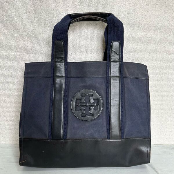 TORY BURCH トリーバーチ メンズ レディース トートバッグ ビジネスバッグ ビッグロゴ ワンポイント キャンバス 本革 レザー ネイビー