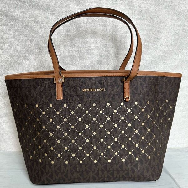 訳あり Michael Kors マイケルコース レディース 肩掛け ビジネスバッグ トートバッグ 茶色 PVC 総柄 パンチング A4収納可能 大容量 軽量