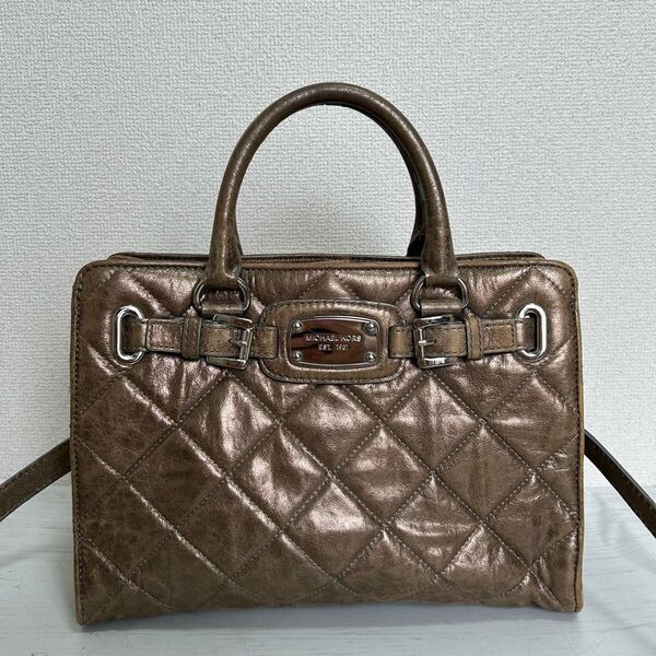 Michael Kors マイケルコース レディース 2way ショルダーバッグ ハンドバッグ 金色 ゴールド調 ブラウン メタリック レザー キルティング