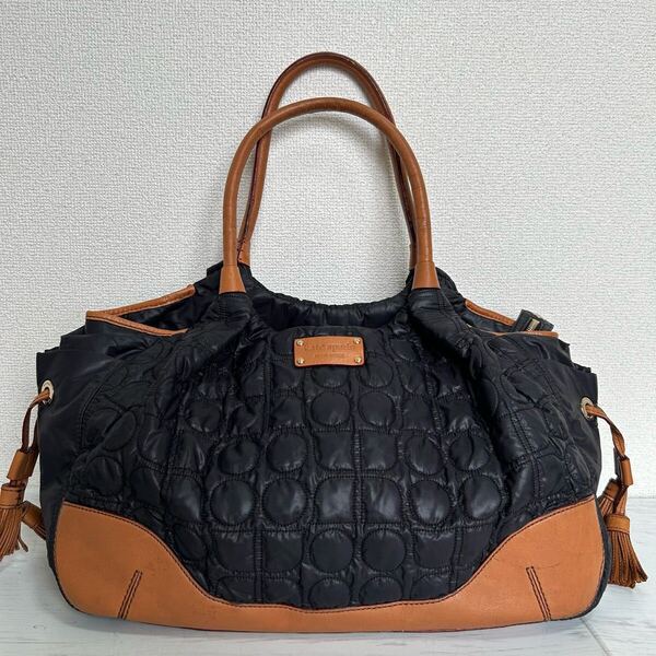 kate spade ケイトスペード レディース ミニボストンバッグ トートバッグ 旅行カバン 黒色 ブラック ナイロン ヌメ革 レザー キルティング