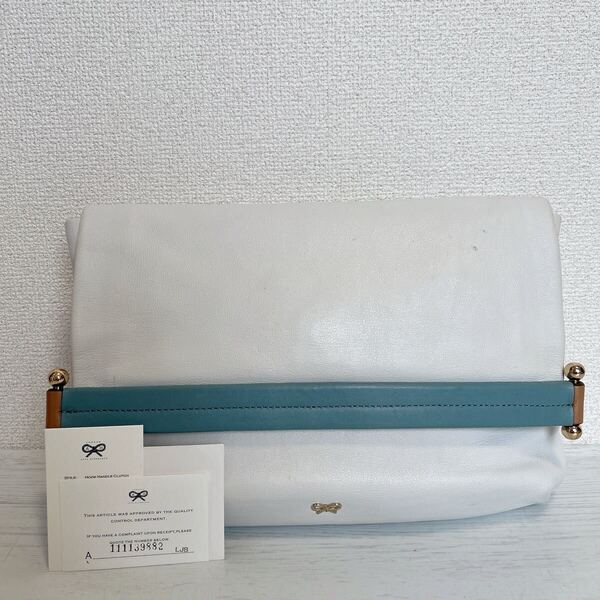 ANYA HINDMARCH アニヤハインドマーチ レディース クラッチバッグ セカンドバッグ 本革 レザー 白色 ホワイト 水色 リボン 可愛い ガーリー